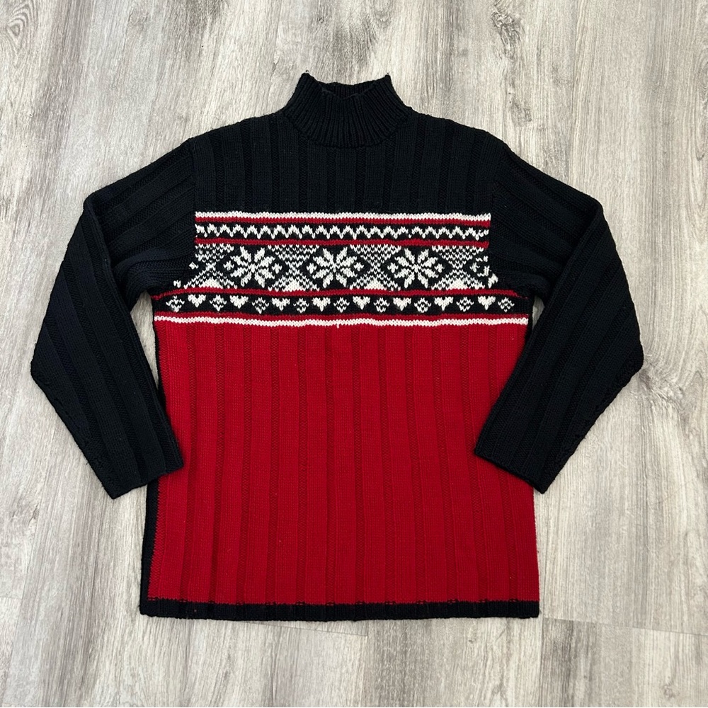 VTG Charter Club Wool Fair Isle Sweater womens M Red Black Ski Winter Holiday